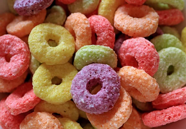 Close Colorful Sugary Ring Shaped Fruit Flavored Cereal — Stock Photo, Image