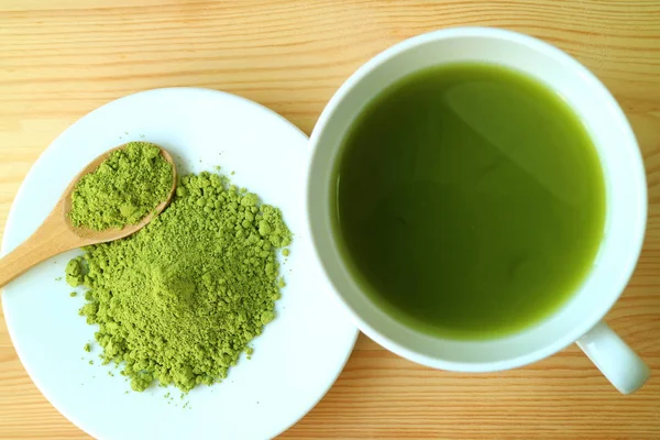 Vue Dessus Une Tasse Thé Vert Matcha Chaud Avec Une — Photo