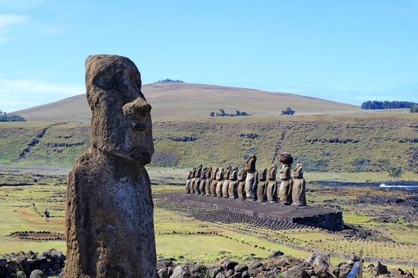 Estatua Solitaria Moai Con Los Famosos Moai Plataforma Ahu Tongariki — Foto de Stock