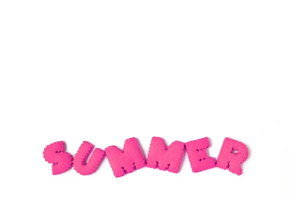 Κάτοψη Των Μπισκότων Σχήμα Αλφαβήτου Συλλαβίζοντας Λέξη Καλοκαίρι Έντονο Ροζ — Φωτογραφία Αρχείου