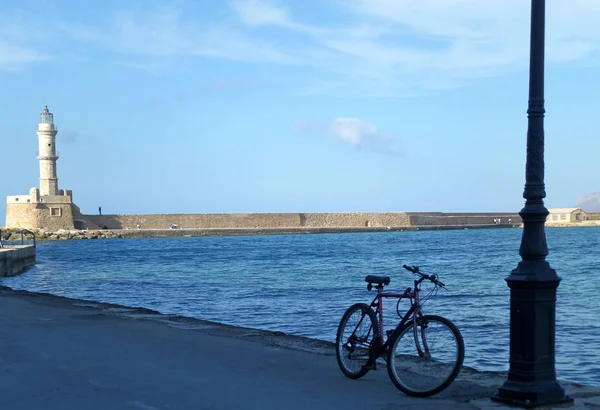 Cykling Runt Chanias Gamla Hamn Med Den Historiska Fyren Kreta — Stockfoto