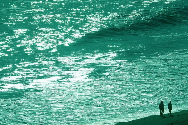 一群人带着绿色的色调在多风的海滩上散步的轮廓 — 图库照片