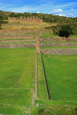 Tipon arkeolojik alanı, doğal bahar, Cuzco bölgesi, Peru, Güney Amerika ile sulanan İnka tarım terasları