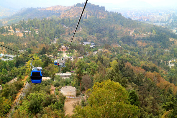 Cable Cars of Cerro San Cristobal Hill among Fall Foliage, Santiago, Chile