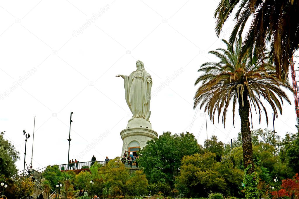 Statue of the Blessed Virgin Mary on the Hilltop of Cerro San Cristobal, Historic place in Santiago, Chile, South America