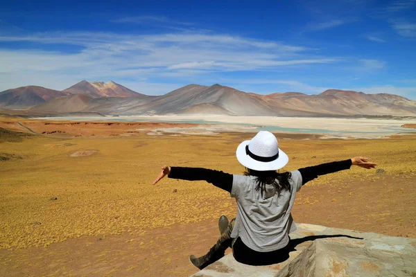 在智利北部安第斯山脉Salar Talar盐湖和Cerro Medano山令人敬畏的景色面前举起双臂的妇女 — 图库照片