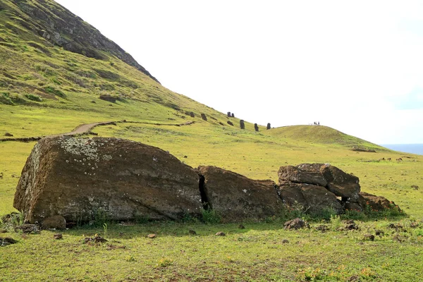 Moai Szobor Maradványai Földön Rano Raraku Vulkán Lábánál Moai Csoporttal — Stock Fotó