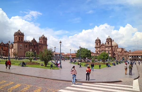 Plaza Armas Náměstí Cusco Katedrála Kostel Iglesia Compania Jesus Pozadí — Stock fotografie