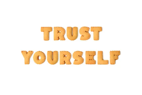 Trust Yourself Szó Tetejére Betűzve Ábécé Alakú Fehér Alapon Izolált — Stock Fotó