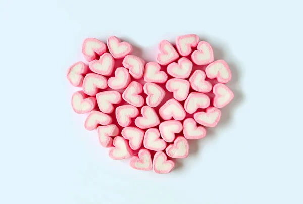 Vista Dall Alto Mucchio Caramelle Marshmallow Forma Cuore Rosa Pastello — Foto Stock