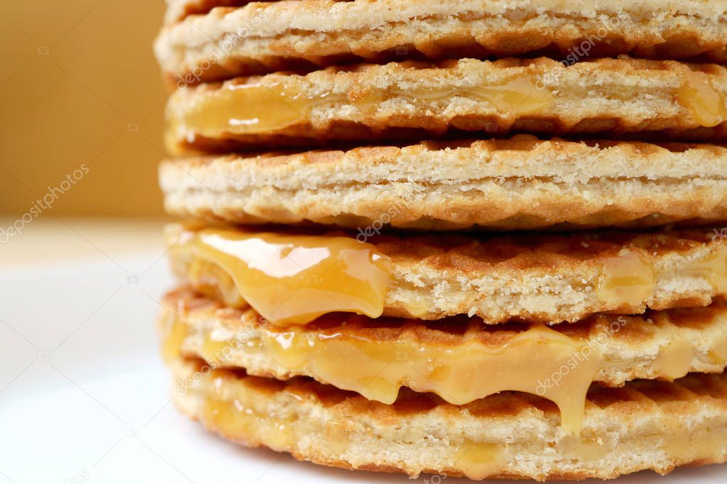 Closed Up Stack of Mouthwatering Stroopwafel or Caramel Filled Traditional Dutch Waffle