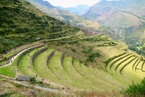 Stepped Agricultura Terraza Sitio Arqueológico Pisac Con Montón Visitantes Valle — Foto de Stock