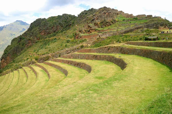 Sokan Látogatják Inka Mezőgazdasági Teraszokat Ősi Romokat Pisac Régészeti Lelőhelyen — Stock Fotó