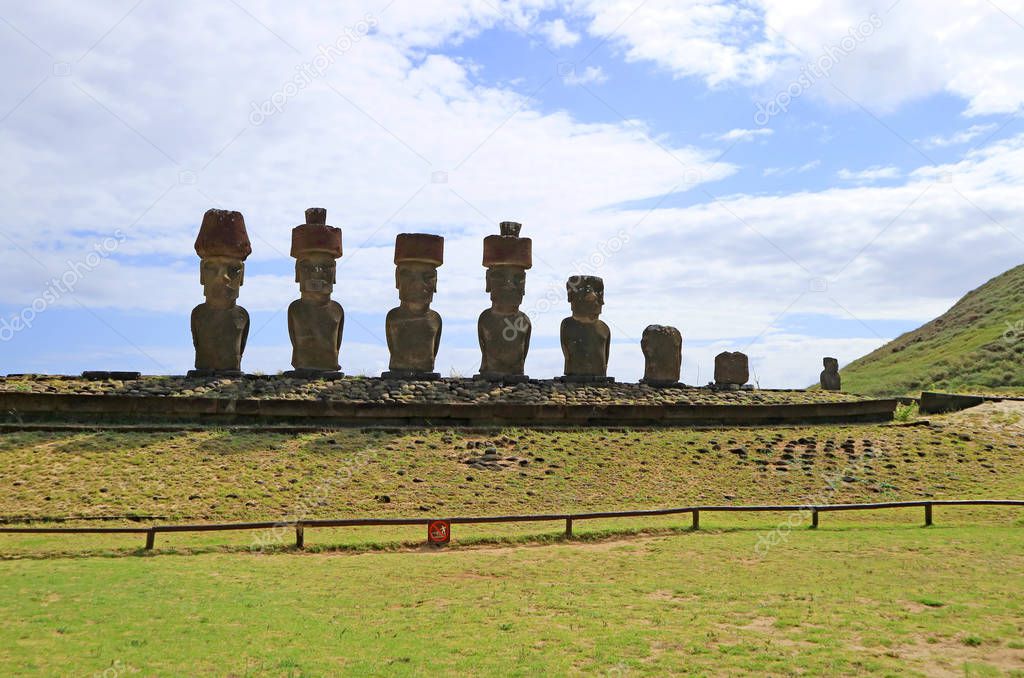 Seven Moai Statues of Ahu Nau Nau with Single Moai of Ahu Ature Huki in Backdrop, Anakena Beach, Easter Island, Chile