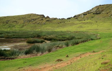 Terk edilmiş birçok Moai heykelinin bulunduğu krater gölü karşı yamaçta, Rano Raraku volkanı, Paskalya adası, Şili
