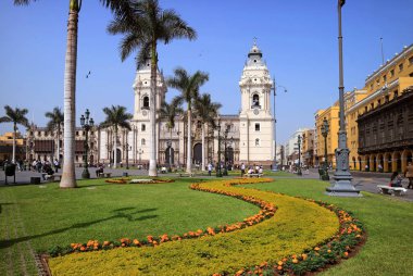 Lima Bazilika Katedrali, Lima, Peru, Güney Amerika 'daki Plaza Belediye Başkanlığı Meydanı' ndaki Landmark