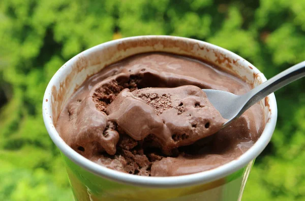 Cucchiaio Che Scioglie Gelato Cioccolato Nel Giardino Verde Estivo — Foto Stock