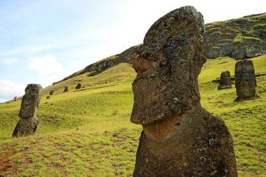 Rano Raraku yanardağında Paskalya Adası, Şili gibi birçok ziyaretçisi olan sayısız terk edilmiş Moai heykelleri.