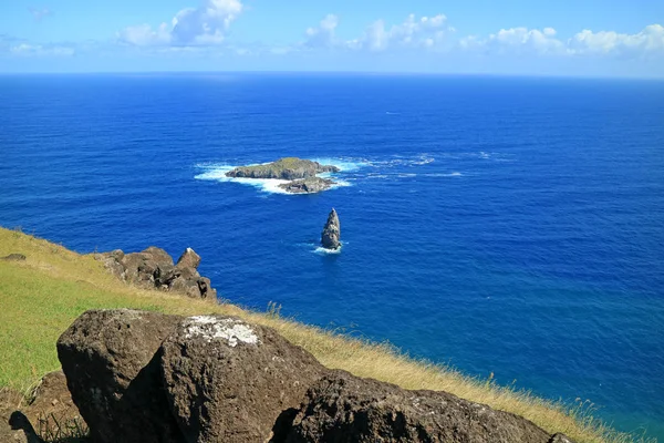 Motu Nui岛和较小的Motu Iti岛 Motu Kao Sea Stack来自智利伊斯特岛Orongo村 — 图库照片