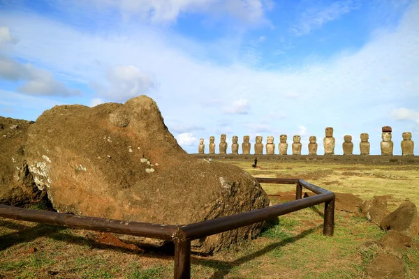 Ruina Moai Acostada Con Las Icónicas Estatuas Moai Fondo Plataforma — Foto de Stock