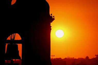 Silhouette of Cathedral of Arequipa Bell Tower against the Bright Shiny Sun, Arequipa, Peru