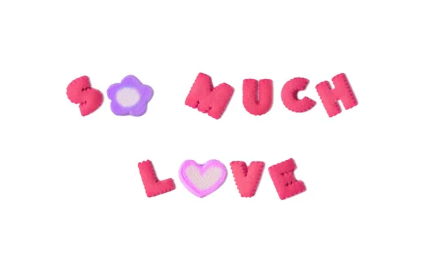 Slovo Much Love Vytvořil Abeceda Cookies Srdcem Květinami Marshmallows Bílém — Stock fotografie