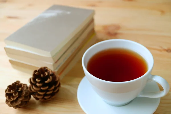 Cerró Una Taza Caliente Con Conos Pino Seco Pila Libros —  Fotos de Stock