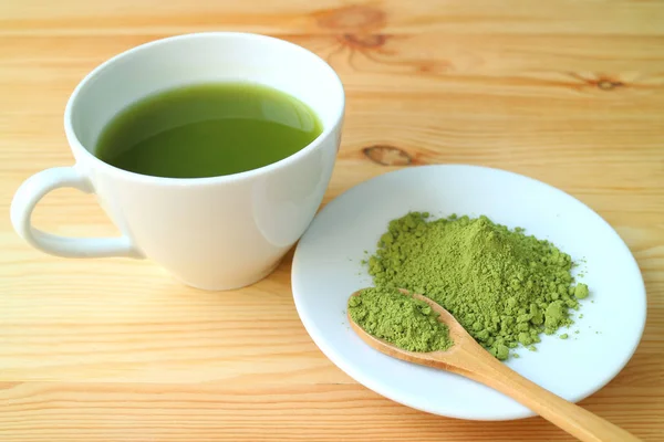 Poudre Thé Matcha Avec Une Cuillère Bois Une Tasse Thé — Photo