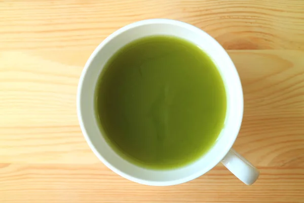 Vista Superior Cor Verde Vibrante Chá Verde Matcha Quente Mesa — Fotografia de Stock