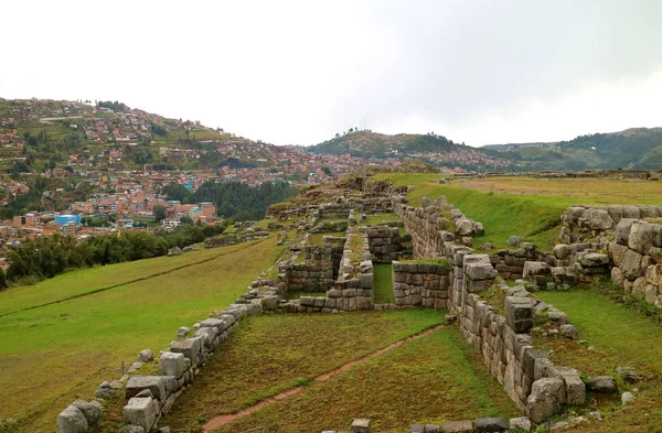 Pozůstatky Sacsayhuaman Archeologické Naleziště Starobylé Citadely Inků Říše Výhledem Město — Stock fotografie