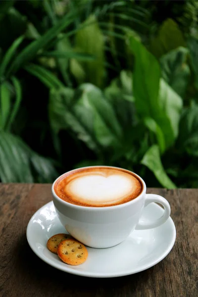 木桌上放着一杯热卡布奇诺咖啡的垂直照片 背景为模糊绿叶 — 图库照片