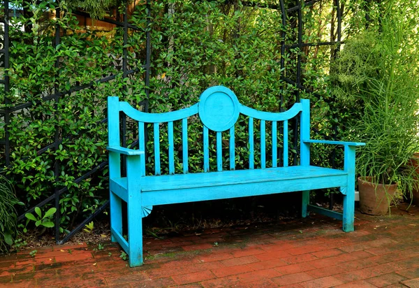 Banco Madeira Colorido Azul Turquesa Vibrante Caminho Tijolo Terracota Jardim — Fotografia de Stock