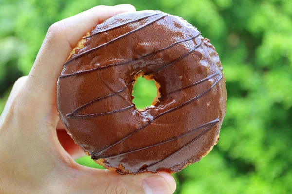 Mão Segurando Donut Revestido Chocolate Contra Desfocado Folhagem Verde Vibrante — Fotografia de Stock