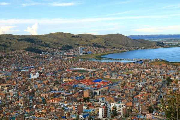 Vista Aérea Del Paisaje Urbano Puno Lago Titicaca Visto Desde — Foto de Stock