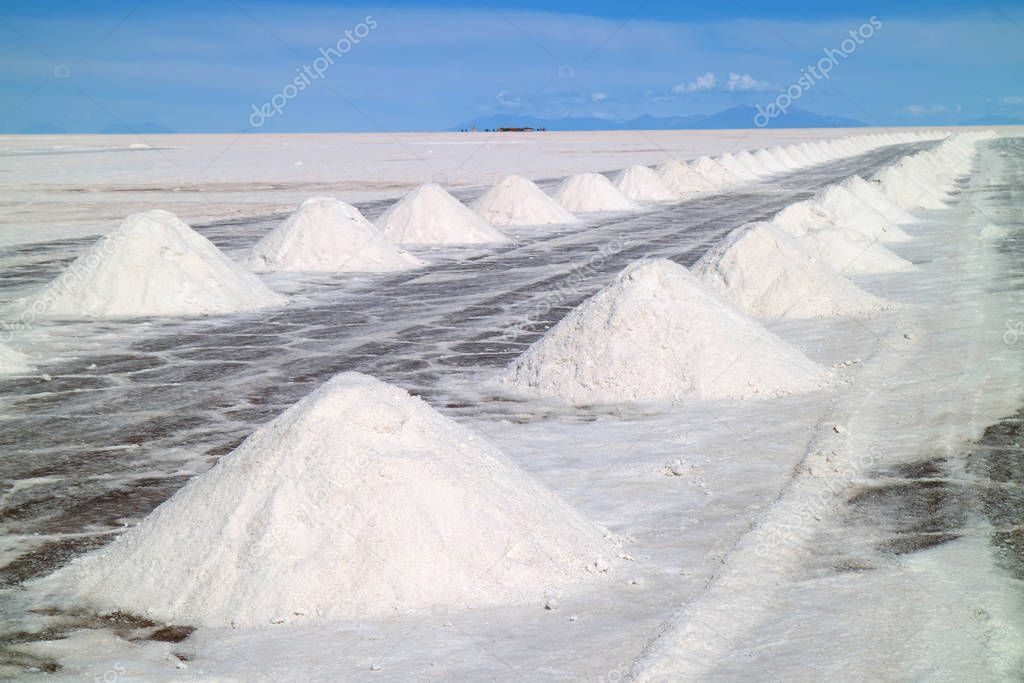 Piles of the drying salt on the Uyuni salt flats or Salar de Uyuni, Potosi, Bolivia, South America