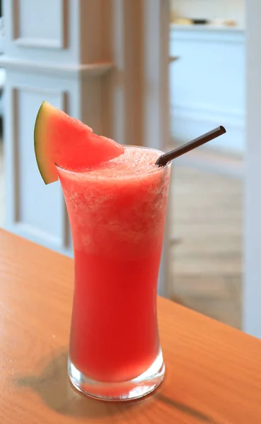 Vertical Image Glass Flesh Watermelon Smoothie Served Wooden Table — 스톡 사진
