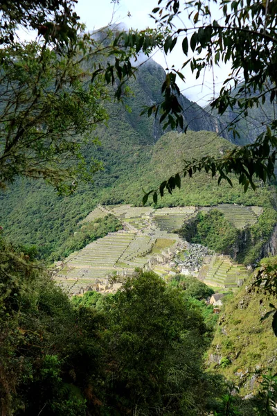 Vista Aérea Cidadela Machu Picchu Vista Montanha Huayna Picchu Machu — Fotografia de Stock