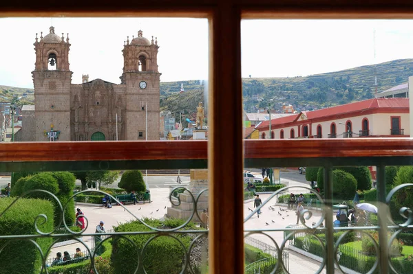 Cathedral Puno Plaza Armas View Seen Window Puno Peru — 스톡 사진