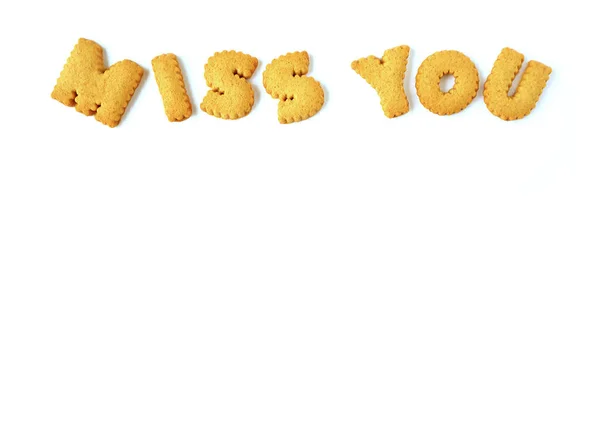 Vista Superior Palabra Miss You Deletreada Con Galletas Forma Alfabeto — Foto de Stock