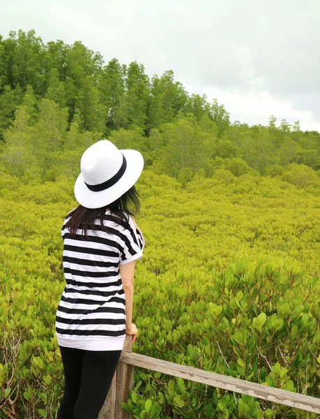 Vertical Photo Woman Admiring View Vibrant Green Golden Mangrove Field — стокове фото