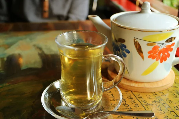 Hot Herb Tea Transparent Cup Porcelain Teapot Table — Stock Photo, Image