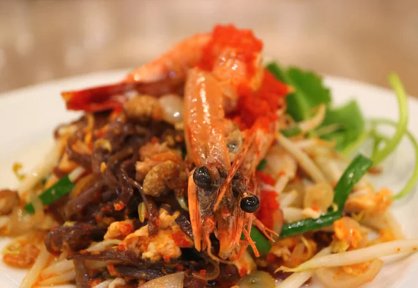 Thai Style Stir Fried Riceberry Noodles Pad Thai Topped Prawn — Stock Photo, Image