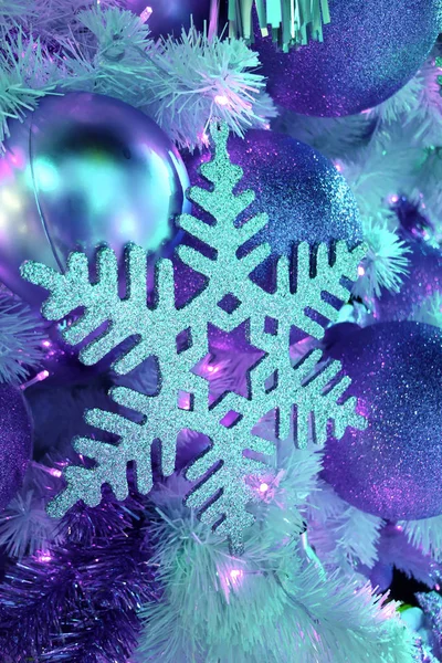 Light-up Glitter Snowflake and Glitter Ball Shaped Christmas Ornaments in Blue Light