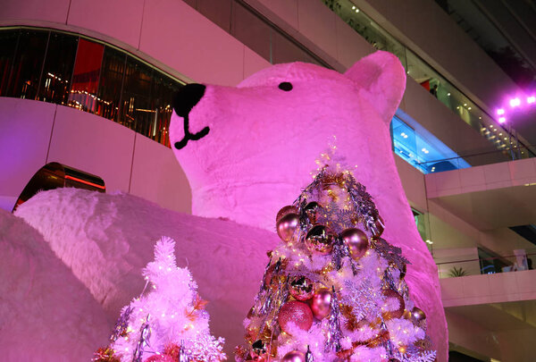 Stunning Christmas Decorations with Pink Colored Light-up Giant Polar Bear and Christmas Trees