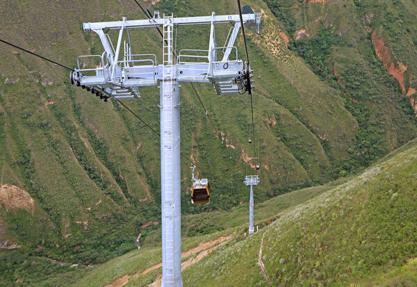 Telecabinas Kuelap Cable Car Approching the Pole over the Gorge of Northern Peru on the Way to Kuelap Fortress Ruins, Amazonas Region, Peru