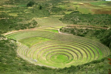 Peru 'nun Cusco Bölgesi' nin ücra bir bölgesinde yer alan Moray 'in İnka Tarım Terasları' nın Panoramik Hava Görüntüsü
