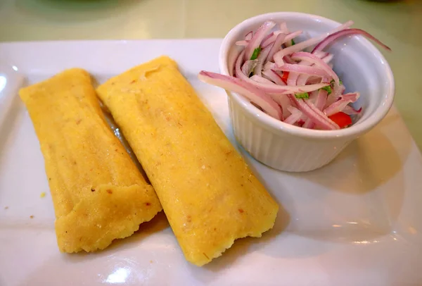 Assiette Humitas Gâteaux Maïs Frais Cuits Vapeur Aliment Traditionnel Populaire — Photo