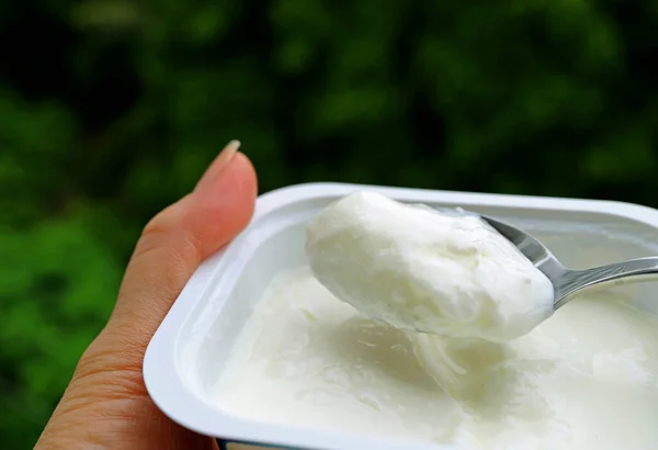 Nahaufnahme Einer Schüssel Joghurt Der Hand Und Schaufeln Mit Einem — Stockfoto