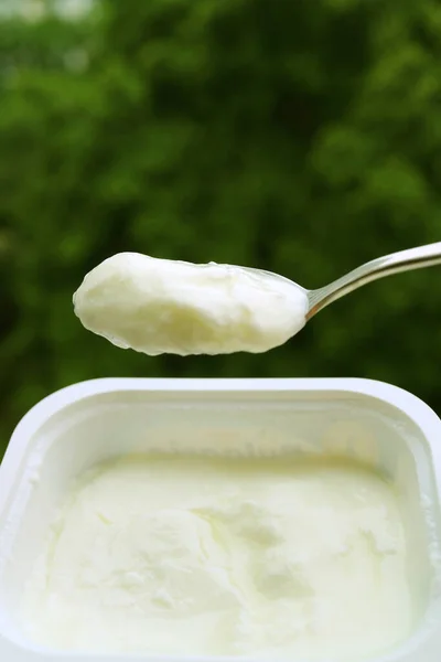 一个勺子把酸奶从碗里铲到模糊的绿叶上的垂直图像 — 图库照片
