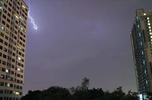 Thunderstorm City Real Lightning Flashing High Buildings Night Sky Bangkok — Stock Photo, Image